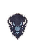 Howard University Big Blue Bison Mascot Head embroidered Varsity patch by SOUNDOFF, featuring the Bison head in navy, denim and white, 5.0 inches wide x 6.5 inches tall, front view.