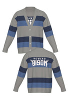 Howard University Broad Stripe Rugby Cardigan Knit Sweater by SOUNDOFF, featuring a grey knit with broad navy and denim rugby stripes, grey trim, and white HOWARD BISON lettering with an arched BISON design and horn details.  FRONT and Back