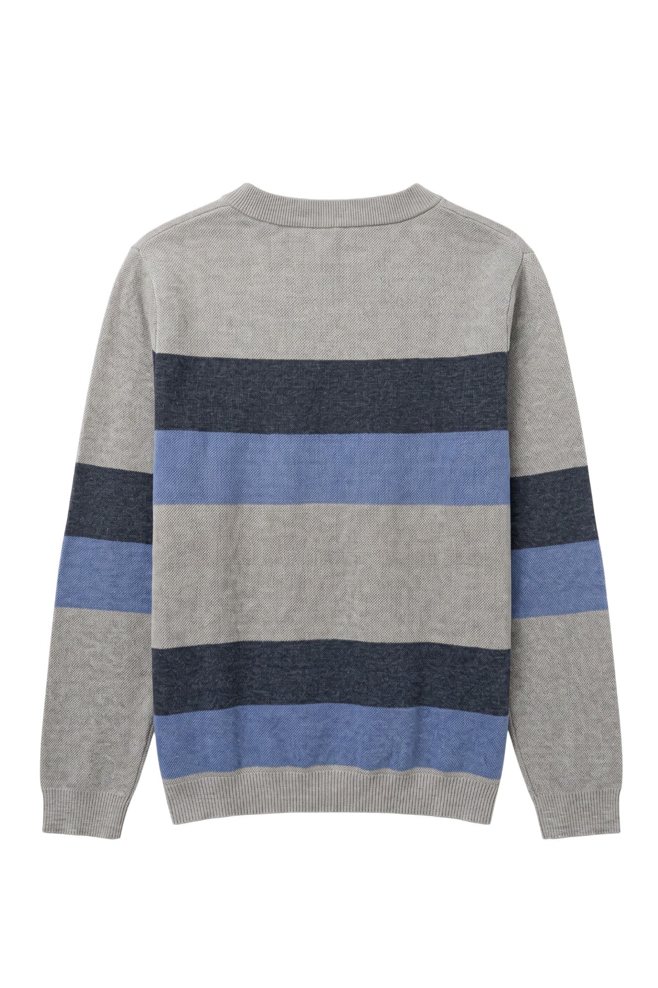 Howard University Broad Stripe Rugby Crew Neck Knit Sweater by SOUNDOFF, featuring a grey knit with broad navy and denim rugby stripes, grey trim, and white HOWARD BISON lettering with an arched BISON design and horn details.  BACK