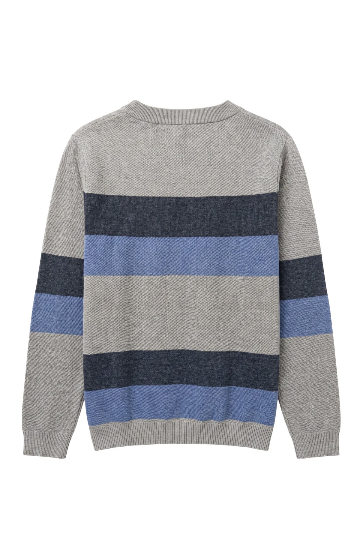 Howard University Broad Stripe Rugby Crew Neck Knit Sweater by SOUNDOFF, featuring a grey knit with broad navy and denim rugby stripes, grey trim, and white HOWARD BISON lettering with an arched BISON design and horn details.  BACK