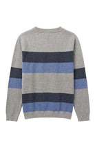 Howard University Broad Stripe Rugby Crew Neck Knit Sweater by SOUNDOFF, featuring a grey knit with broad navy and denim rugby stripes, grey trim, and white HOWARD BISON lettering with an arched BISON design and horn details.  BACK