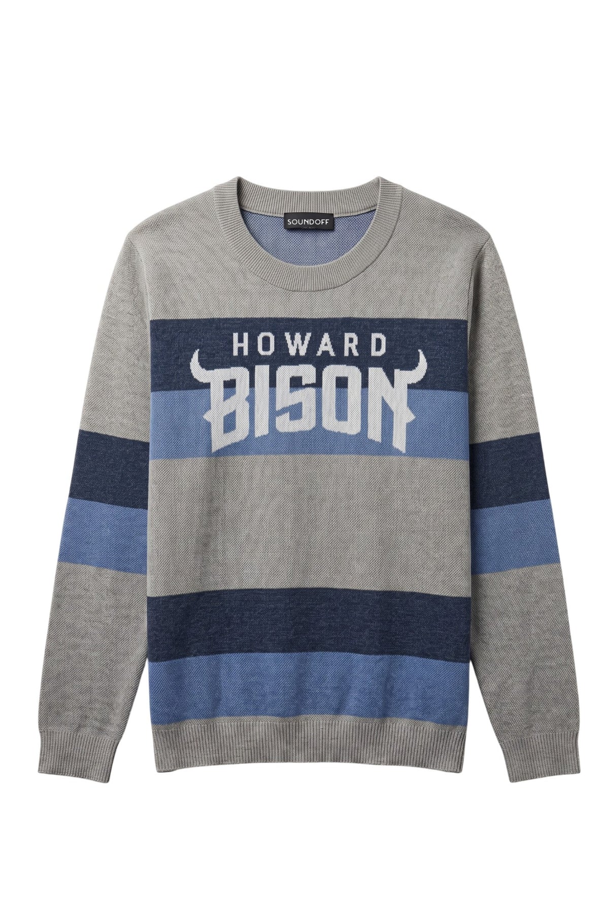 Howard University Broad Stripe Rugby Crew Neck Knit Sweater by SOUNDOFF, featuring a grey knit with broad navy and denim rugby stripes, grey trim, and white HOWARD BISON lettering with an arched BISON design and horn details.  FRONT