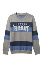 Howard University Broad Stripe Rugby Crew Neck Knit Sweater by SOUNDOFF, featuring a grey knit with broad navy and denim rugby stripes, grey trim, and white HOWARD BISON lettering with an arched BISON design and horn details.  FRONT
