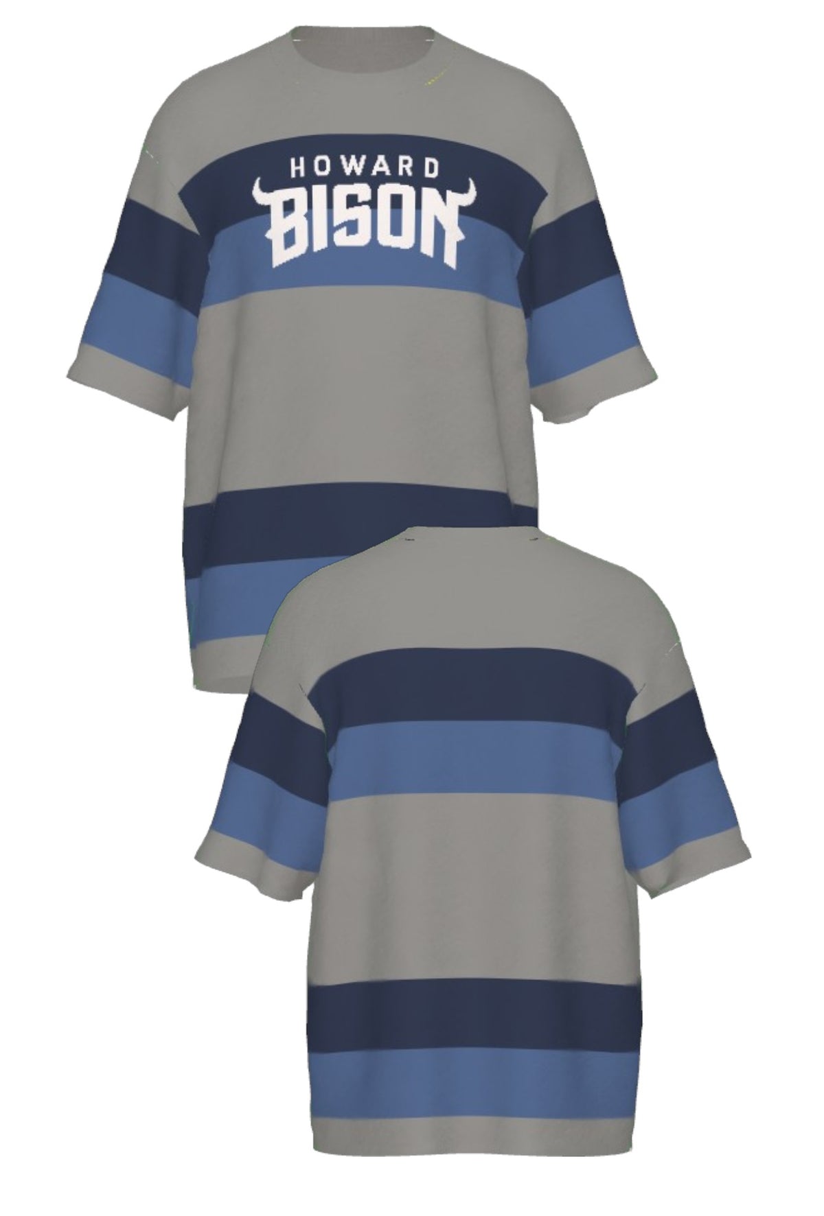 Howard University Broad Stripe Rugby short sleeve Knit Sweater by SOUNDOFF, featuring a grey knit with broad navy and denim rugby stripes, grey trim, and white HOWARD BISON lettering with an arched BISON design and horn details.  FRONT and BACK