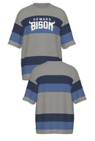 Howard University Broad Stripe Rugby short sleeve Knit Sweater by SOUNDOFF, featuring a grey knit with broad navy and denim rugby stripes, grey trim, and white HOWARD BISON lettering with an arched BISON design and horn details.  FRONT and BACK