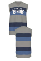 Howard University Broad Stripe Rugby V-Neck Vest Knit Sweater by SOUNDOFF, featuring a grey knit with broad navy and denim rugby stripes, grey trim, and white HOWARD BISON lettering with an arched BISON design and horn details.  FRONT and BACK