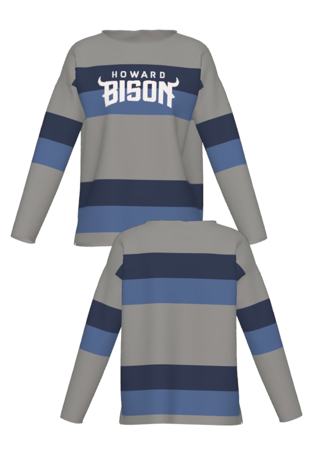 Howard University Broad Stripe Rugby Women's Knit Sweater by SOUNDOFF, featuring a grey knit with broad navy and denim rugby stripes, grey trim, and white HOWARD BISON lettering with an arched BISON design and horn details.  FRONT and BACK