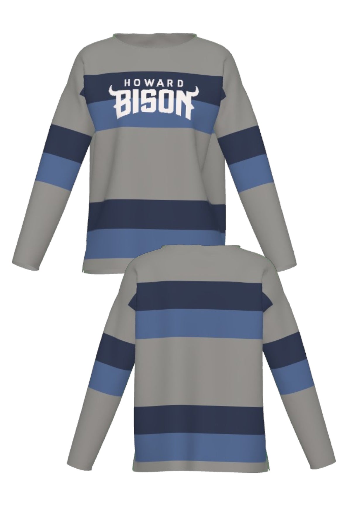 Howard University Broad Stripe Rugby Women's Knit Sweater by SOUNDOFF, featuring a grey knit with broad navy and denim rugby stripes, grey trim, and white HOWARD BISON lettering with an arched BISON design and horn details.  FRONT and BACK