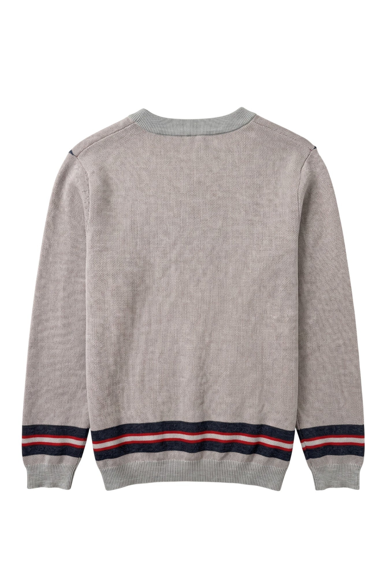 Howard University Chevron Knit crew neck Sweater by SOUNDOFF, featuring a light grey sweater with matching trim, Howard Navy, White and Grey Chevron stripes on the front, hem and sleeves, and a knitted Block H with HOWARD and UNIVERSITY on the front. - BACK