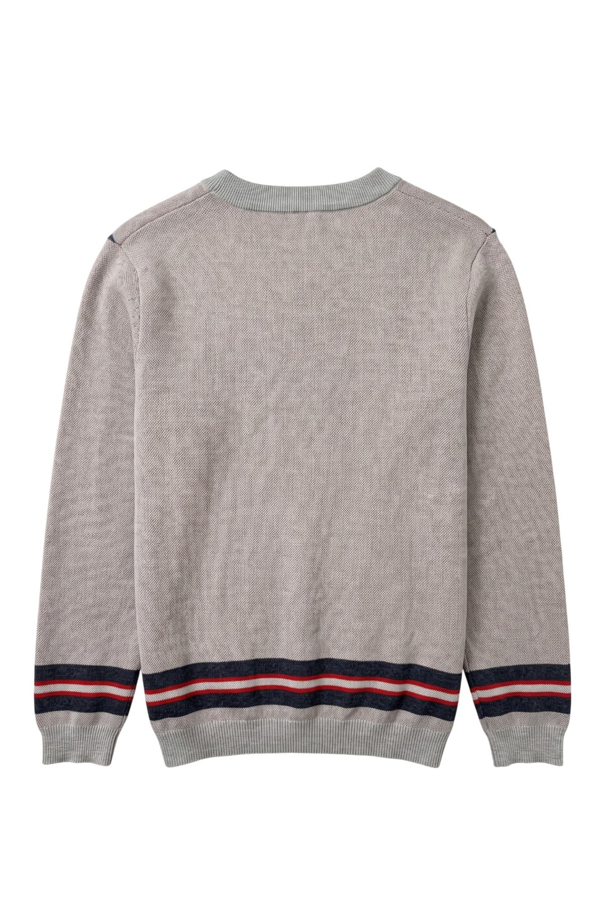 Howard University Chevron Knit crew neck Sweater by SOUNDOFF, featuring a light grey sweater with matching trim, Howard Navy, White and Grey Chevron stripes on the front, hem and sleeves, and a knitted Block H with HOWARD and UNIVERSITY on the front. - BACK