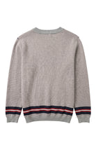 Howard University Chevron Knit crew neck Sweater by SOUNDOFF, featuring a light grey sweater with matching trim, Howard Navy, White and Grey Chevron stripes on the front, hem and sleeves, and a knitted Block H with HOWARD and UNIVERSITY on the front. - BACK