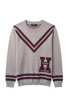 Howard University Chevron Knit crew neck Sweater by SOUNDOFF, featuring a light grey sweater with matching trim, Howard Navy, White and Grey Chevron stripes on the front, hem and sleeves, and a knitted Block H with HOWARD and UNIVERSITY on the front. - FRONT