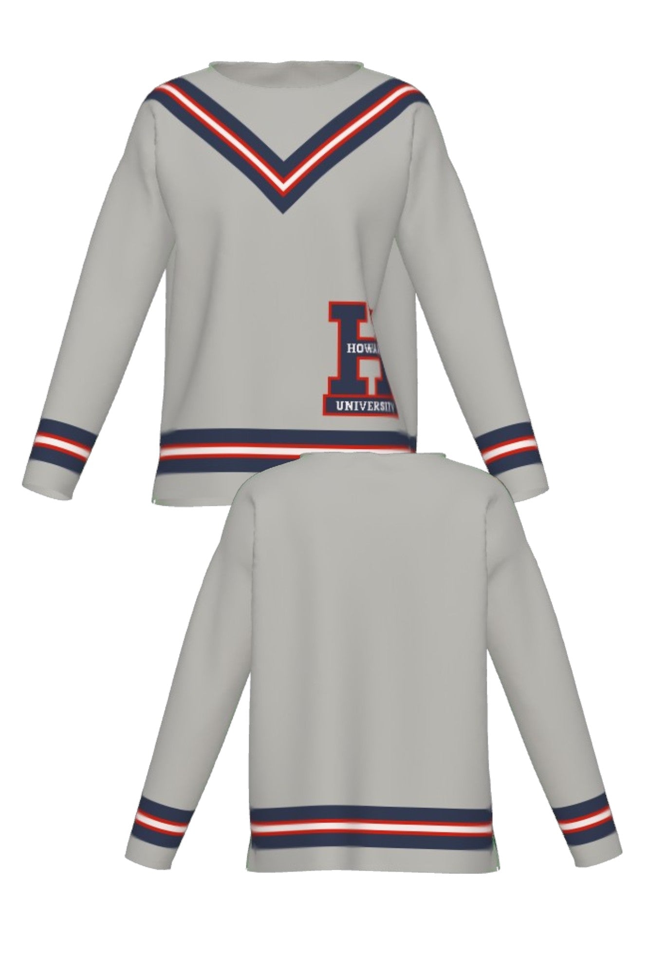 Howard University Chevron Knit women's Sweater by SOUNDOFF, featuring a light grey sweater with matching trim, Howard Navy, White and Grey Chevron stripes on the front, hem and sleeves, and a knitted Block H with HOWARD and UNIVERSITY on the front. - FRONT and BACK