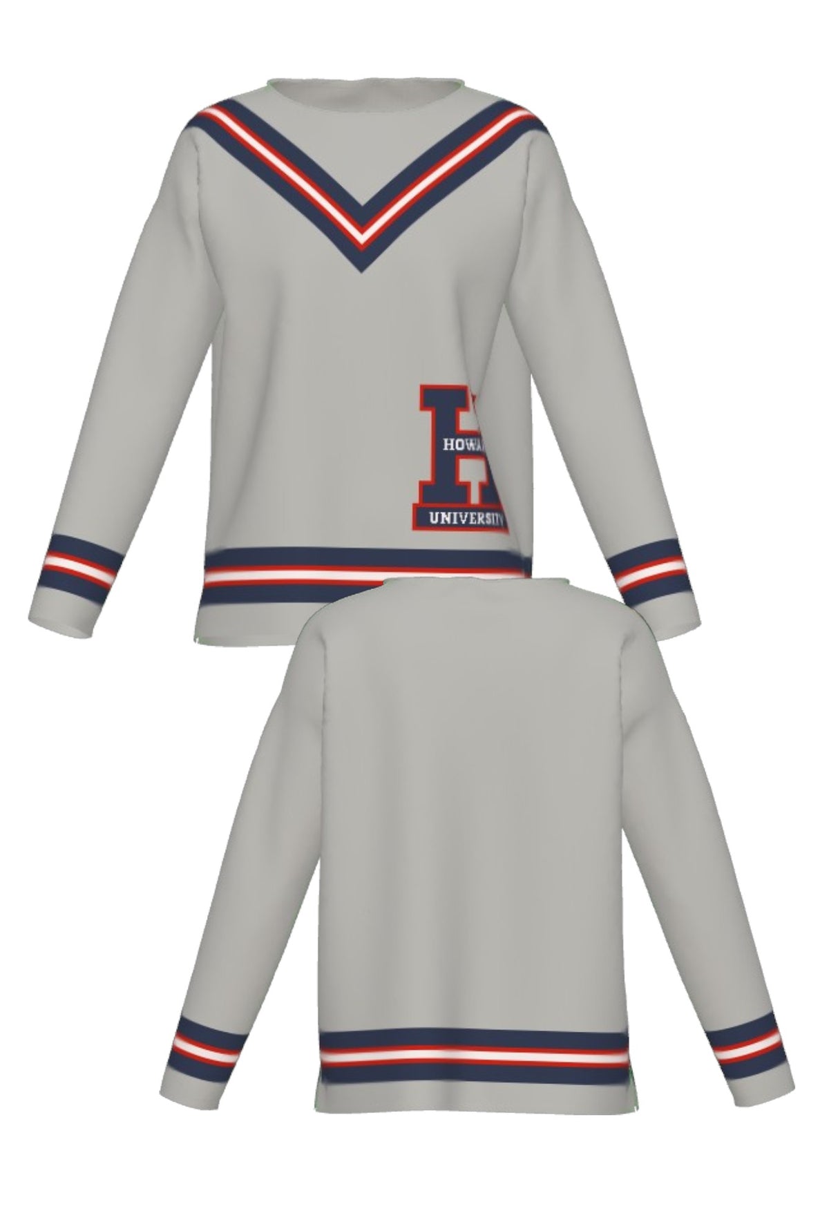 Howard University Chevron Knit women's Sweater by SOUNDOFF, featuring a light grey sweater with matching trim, Howard Navy, White and Grey Chevron stripes on the front, hem and sleeves, and a knitted Block H with HOWARD and UNIVERSITY on the front. - FRONT and BACK