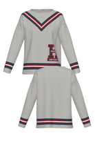 Howard University Chevron Knit women's Sweater by SOUNDOFF, featuring a light grey sweater with matching trim, Howard Navy, White and Grey Chevron stripes on the front, hem and sleeves, and a knitted Block H with HOWARD and UNIVERSITY on the front. - FRONT and BACK