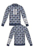 Howard University Composite Houndstooth Knit Crew Neck Sweater by SOUNDOFF, featuring a navy, denim and grey houndstooth design with navy trim, white knitted Block H with HOWARD and UNIVERSITY in navy on the front, and four grey stripes on the left sleeve. - FRONT and BACK