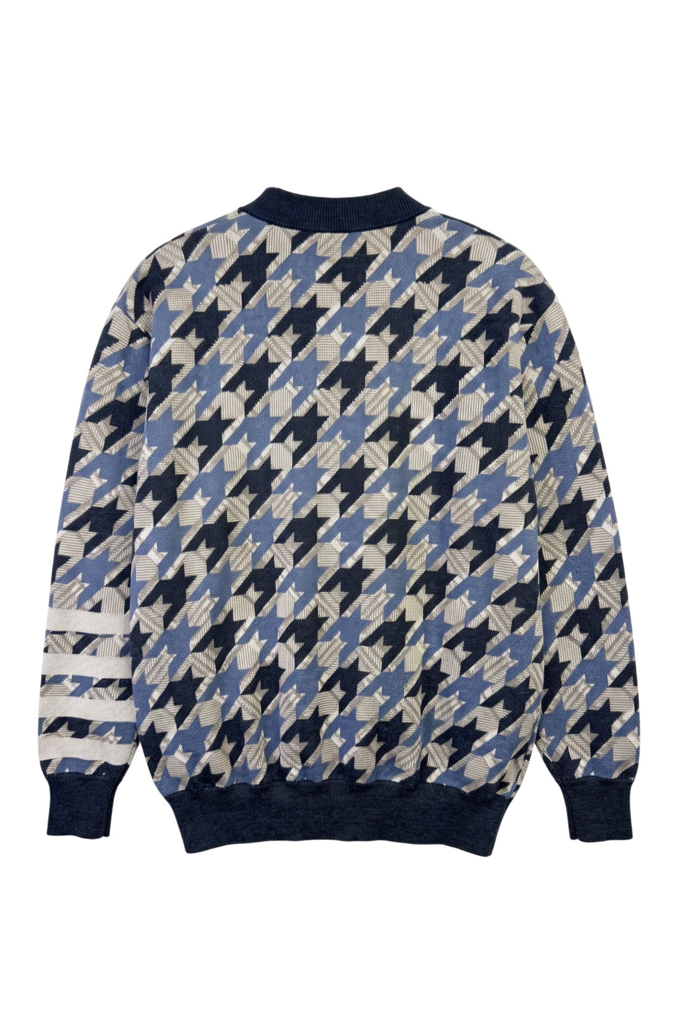 Howard University Composite Houndstooth Knit cardigan Sweater by SOUNDOFF, featuring a navy, denim and grey houndstooth design with navy trim, white knitted Block H with HOWARD and UNIVERSITY in navy on the front, and four grey stripes on the left sleeve. - BACK
