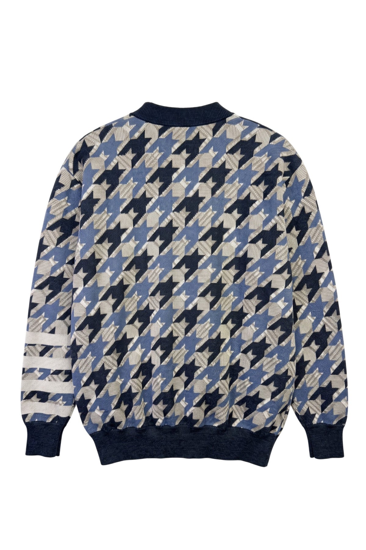 Howard University Composite Houndstooth Knit cardigan Sweater by SOUNDOFF, featuring a navy, denim and grey houndstooth design with navy trim, white knitted Block H with HOWARD and UNIVERSITY in navy on the front, and four grey stripes on the left sleeve. - BACK
