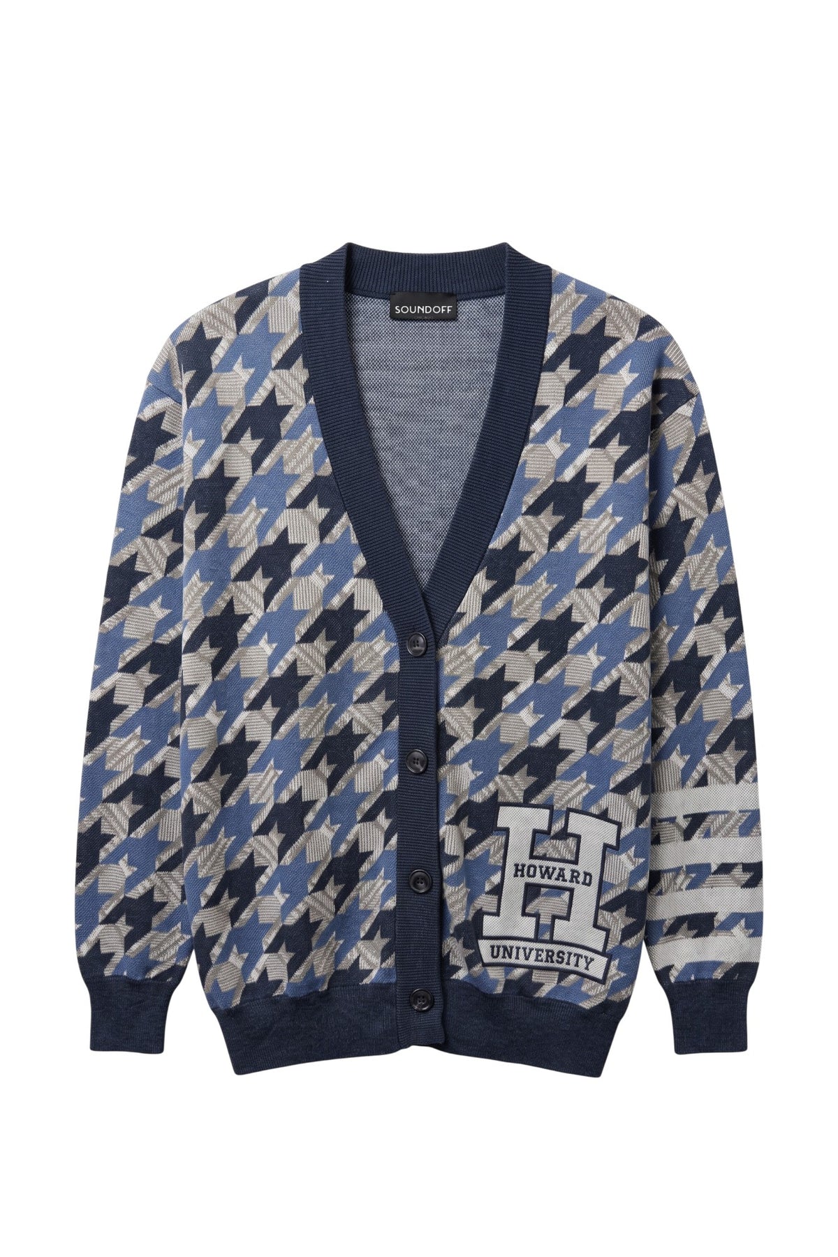 Howard University Composite Houndstooth Knit cardigan Sweater by SOUNDOFF, featuring a navy, denim and grey houndstooth design with navy trim, white knitted Block H with HOWARD and UNIVERSITY in navy on the front, and four grey stripes on the left sleeve. - FRONT