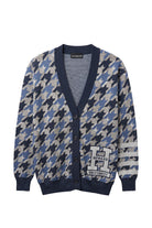 Howard University Composite Houndstooth Knit cardigan Sweater by SOUNDOFF, featuring a navy, denim and grey houndstooth design with navy trim, white knitted Block H with HOWARD and UNIVERSITY in navy on the front, and four grey stripes on the left sleeve. - FRONT