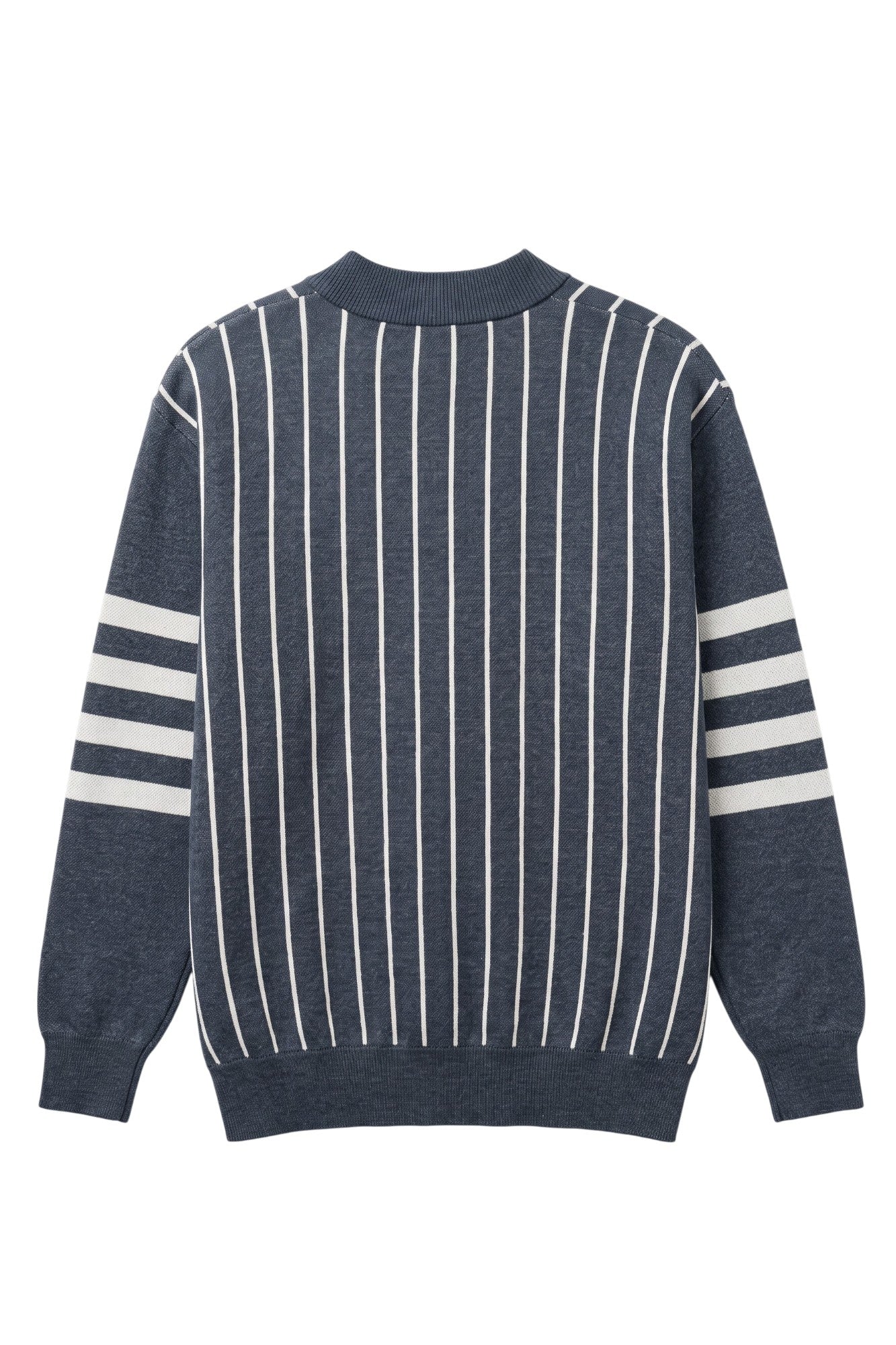 Howard University Pinstripe Cardigan Knit Sweater by SOUNDOFF, featuring a navy sweater with white pinstripes on the front and back, four white sleeve stripes, and a white HU block logo with HOWARD UNIVERSITY in navy. BACK