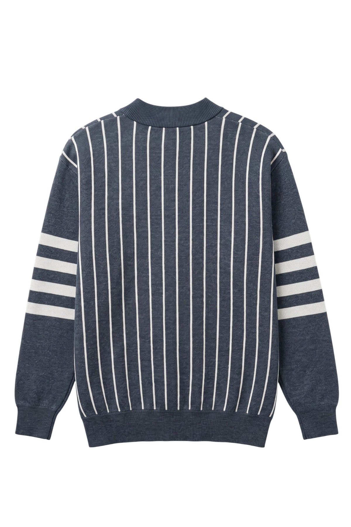 Howard University Pinstripe Cardigan Knit Sweater by SOUNDOFF, featuring a navy sweater with white pinstripes on the front and back, four white sleeve stripes, and a white HU block logo with HOWARD UNIVERSITY in navy. BACK