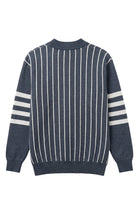 Howard University Pinstripe Cardigan Knit Sweater by SOUNDOFF, featuring a navy sweater with white pinstripes on the front and back, four white sleeve stripes, and a white HU block logo with HOWARD UNIVERSITY in navy. BACK