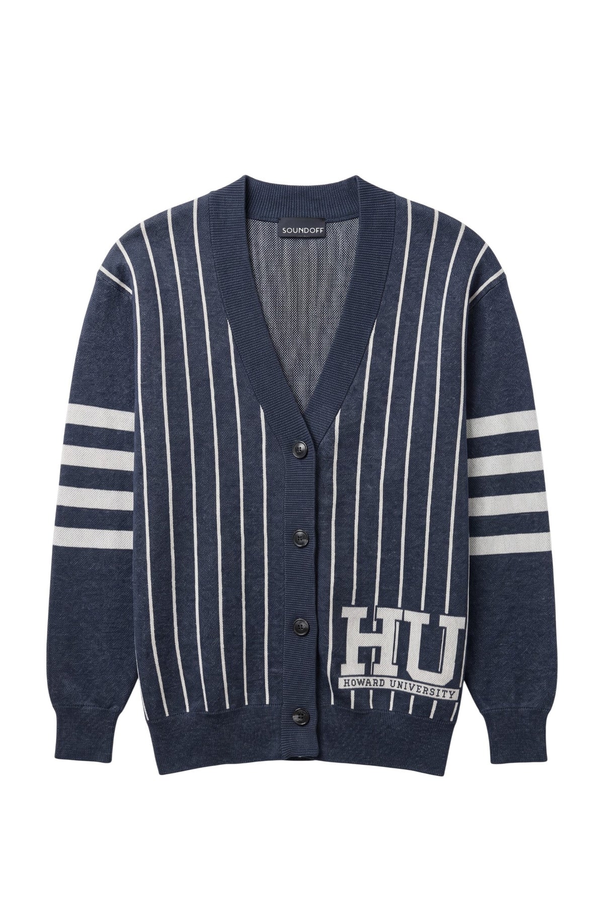 Howard University Pinstripe Cardigan Knit Sweater by SOUNDOFF, featuring a navy sweater with white pinstripes on the front and back, four white sleeve stripes, and a white HU block logo with HOWARD UNIVERSITY in navy. FRONT