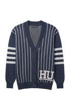 Howard University Pinstripe Cardigan Knit Sweater by SOUNDOFF, featuring a navy sweater with white pinstripes on the front and back, four white sleeve stripes, and a white HU block logo with HOWARD UNIVERSITY in navy. FRONT