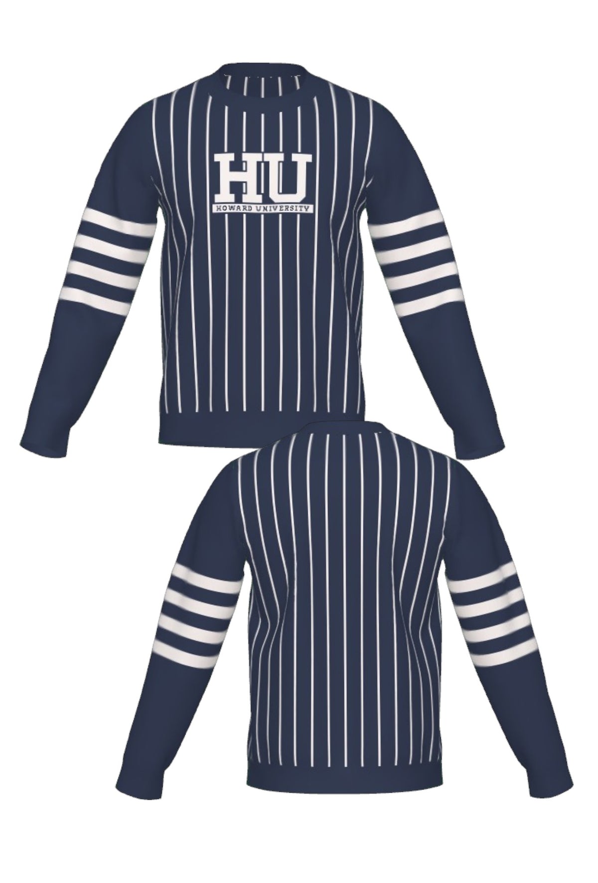 Howard University Pinstripe Crew Neck Knit Sweater by SOUNDOFF, featuring a navy sweater with white pinstripes on the front and back, four white sleeve stripes, and a white HU block logo with HOWARD UNIVERSITY in navy. FRONT AND BACK