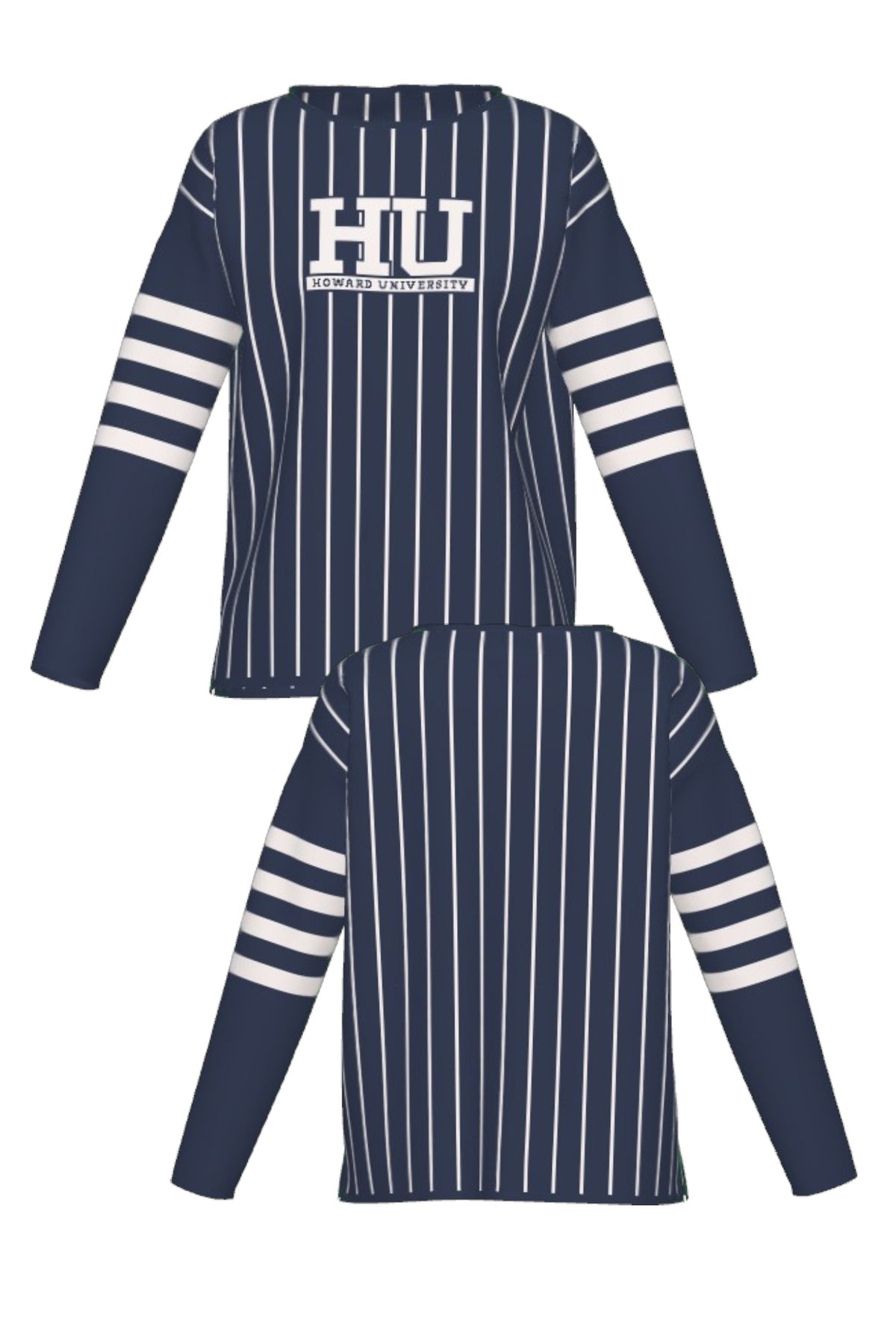 Howard University Pinstripe Women's Knit Sweater by SOUNDOFF, featuring a navy sweater with white pinstripes on the front and back, four white sleeve stripes, and a white HU block logo with HOWARD UNIVERSITY in navy. FRONT AND BACK