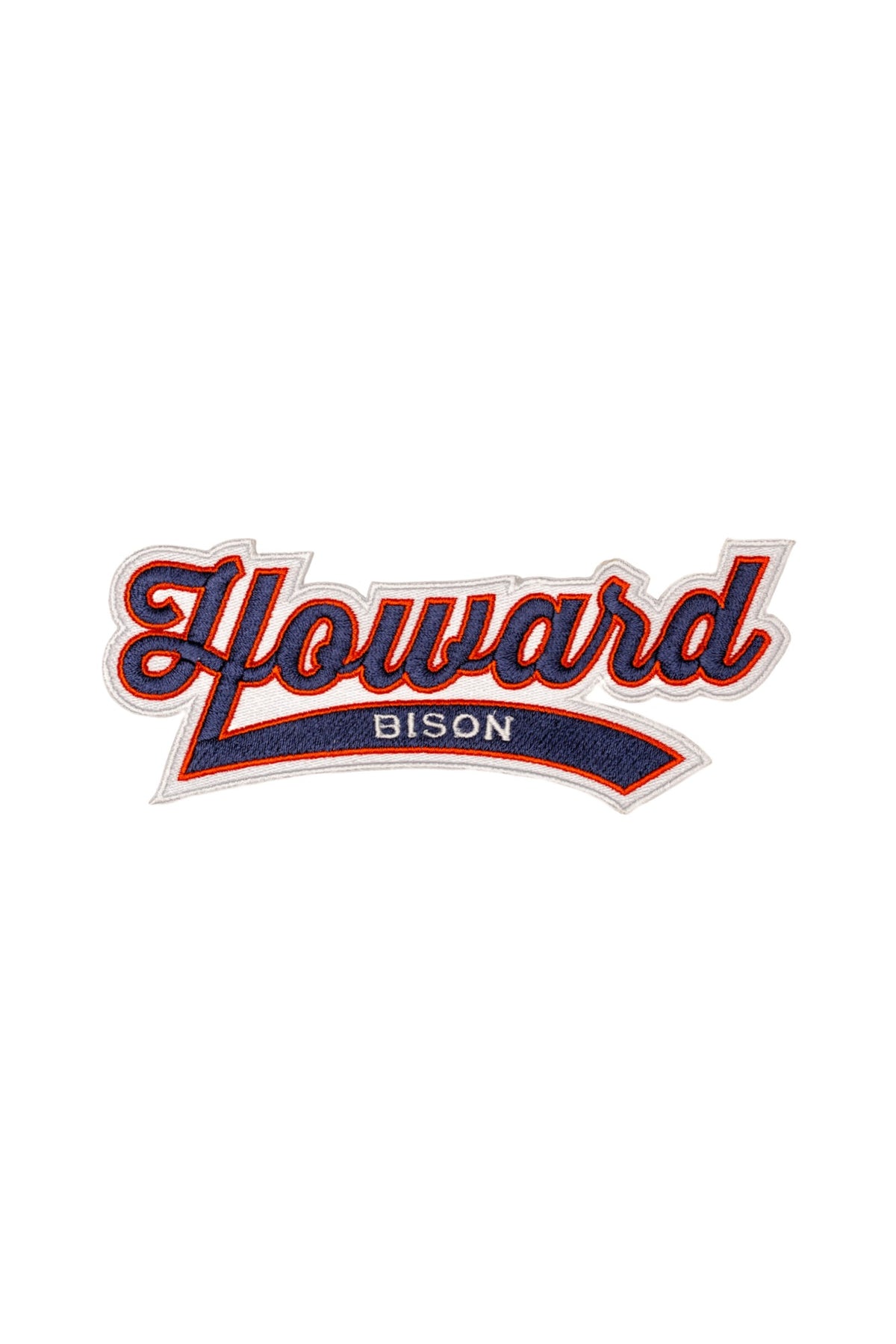 Howard Bison Script embroidered Varsity patch by SOUNDOFF, featuring navy script Howard above a navy pennant with BISON in white lettering, trimmed in Howard red and white, 6.0 x 2.4 inches, front view.
