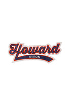 Howard Bison Script embroidered Varsity patch by SOUNDOFF, featuring navy script Howard above a navy pennant with BISON in white lettering, trimmed in Howard red and white, 6.0 x 2.4 inches, front view.