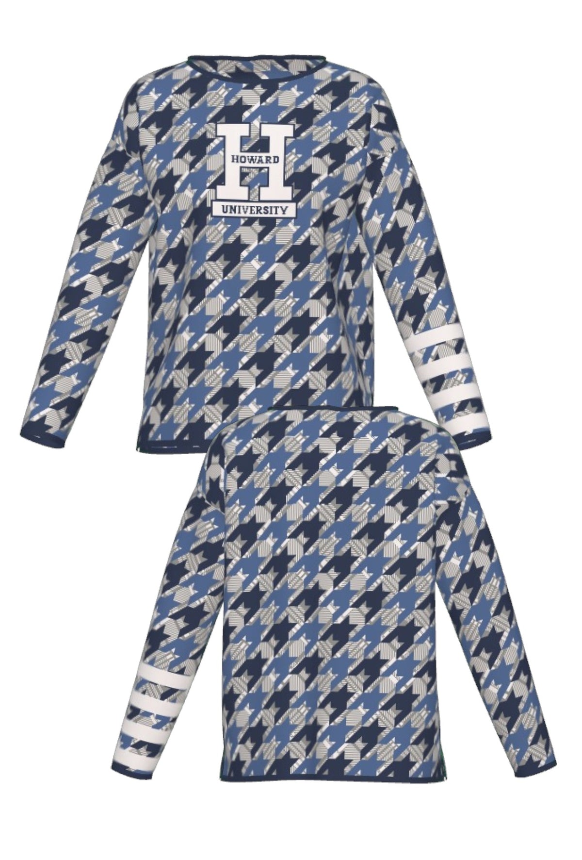 Howard University Composite Houndstooth Knit women's Sweater by SOUNDOFF, featuring a navy, denim and grey houndstooth design with navy trim, white knitted Block H with HOWARD and UNIVERSITY in navy on the front, and four grey stripes on the left sleeve. - FRONT