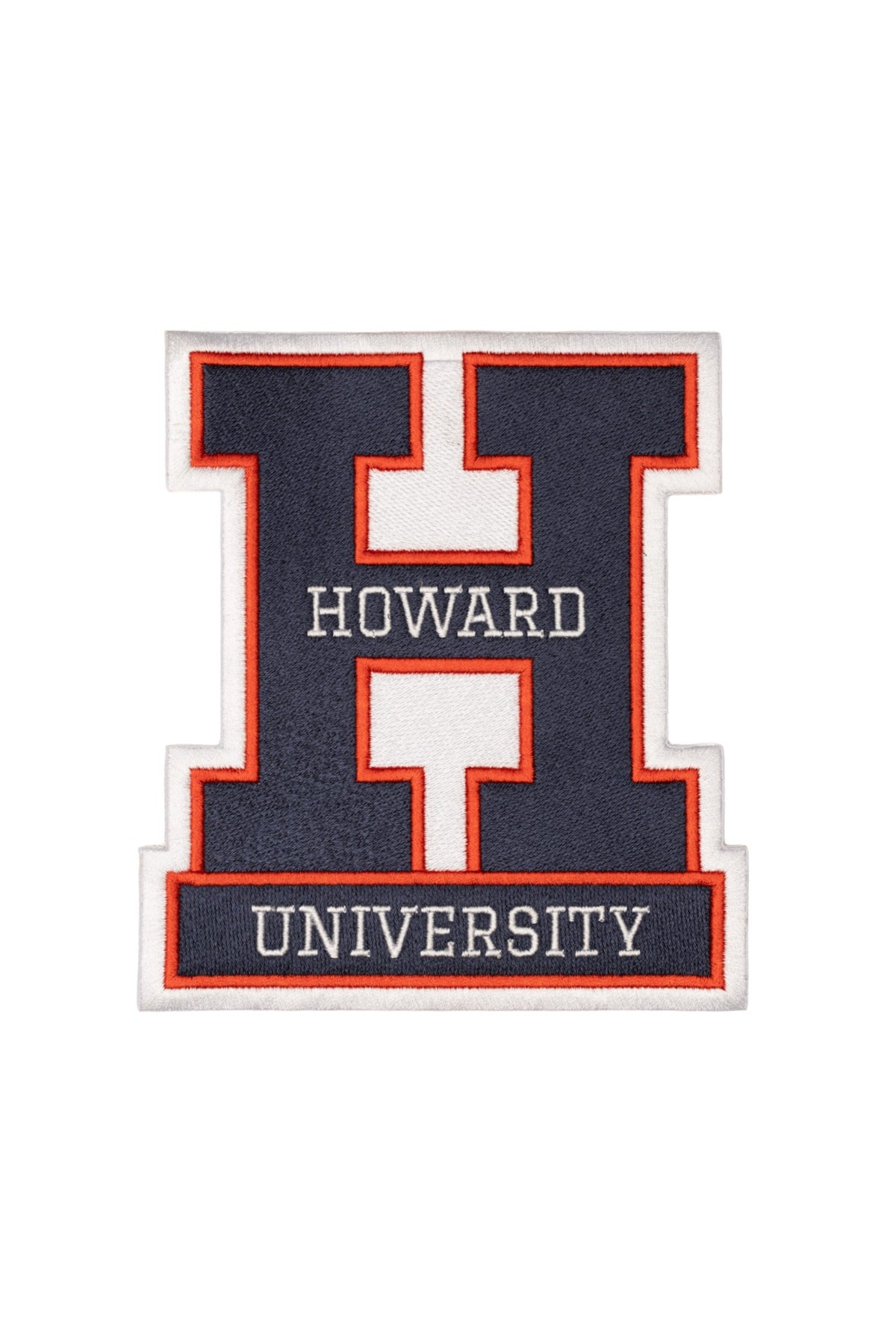 Howard University Block H Crest embroidered patch by SOUNDOFF, featuring a navy Block H with HOWARD in white across the center and UNIVERSITY below, with red and white background and trim, 3.3 inches wide x 2.9 inches tall, front view.