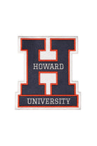 Howard University Block H Crest embroidered patch by SOUNDOFF, featuring a navy Block H with HOWARD in white across the center and UNIVERSITY below, with red and white background and trim, 3.3 inches wide x 2.9 inches tall, front view.