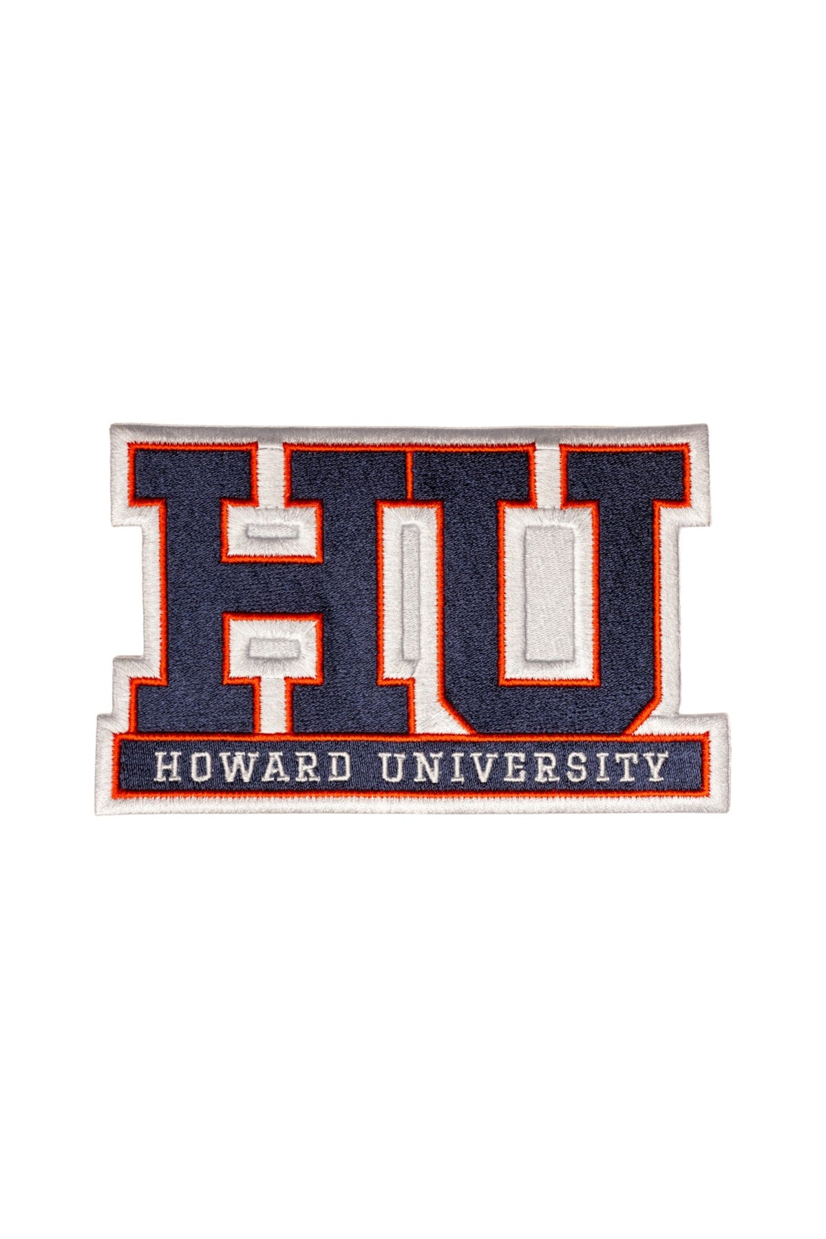 Howard University Block HU Crest embroidered patch by SOUNDOFF, featuring a large navy Block HU above HOWARD UNIVERSITY in white on a navy bar, with red and white background and trim, 3.3 x 2.0 inches, front view.