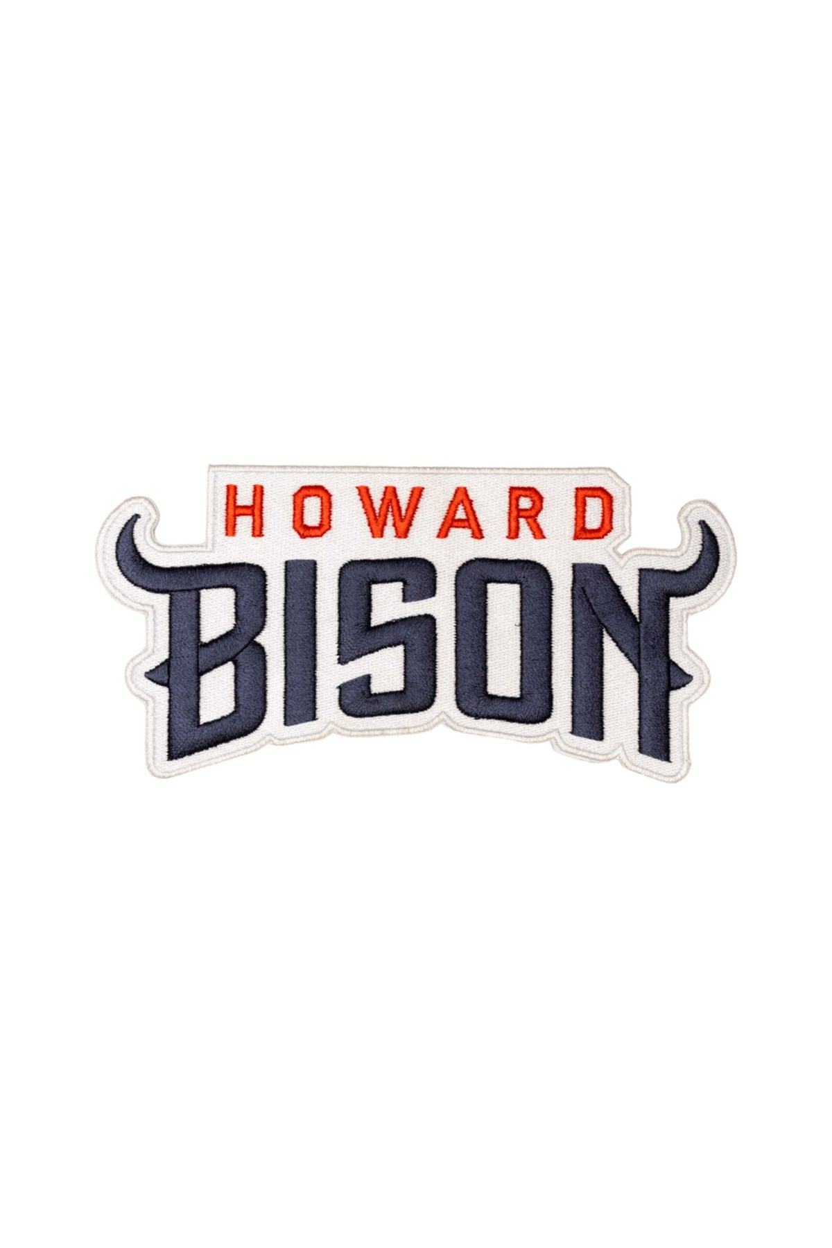 Howard Bison Crest embroidered patch by SOUNDOFF, featuring HOWARD in red above a stylized navy BISON design with horns, white background and trim, front view