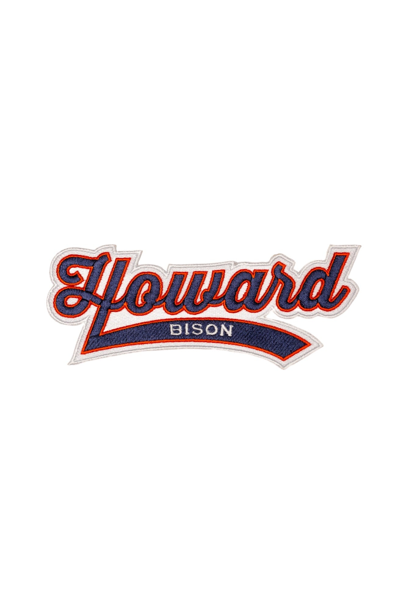 Howard Bison Script embroidered Crest patch by SOUNDOFF, featuring navy script Howard above a navy pennant with BISON in white lettering, trimmed in Howard red and white, 3.3 x 1.3 inches, front view.