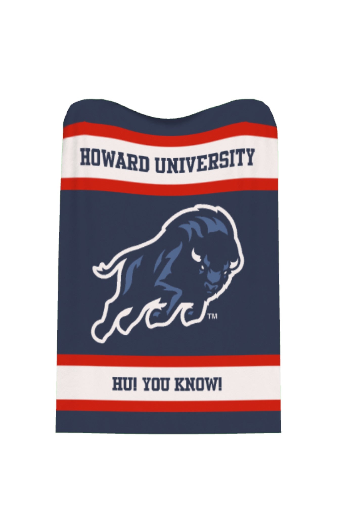 Howard University Varsity Knit Throw Blanket with Howard Bison Mascot full body 50 x 70 Navy Red and White by SOUNDOFF - product flat