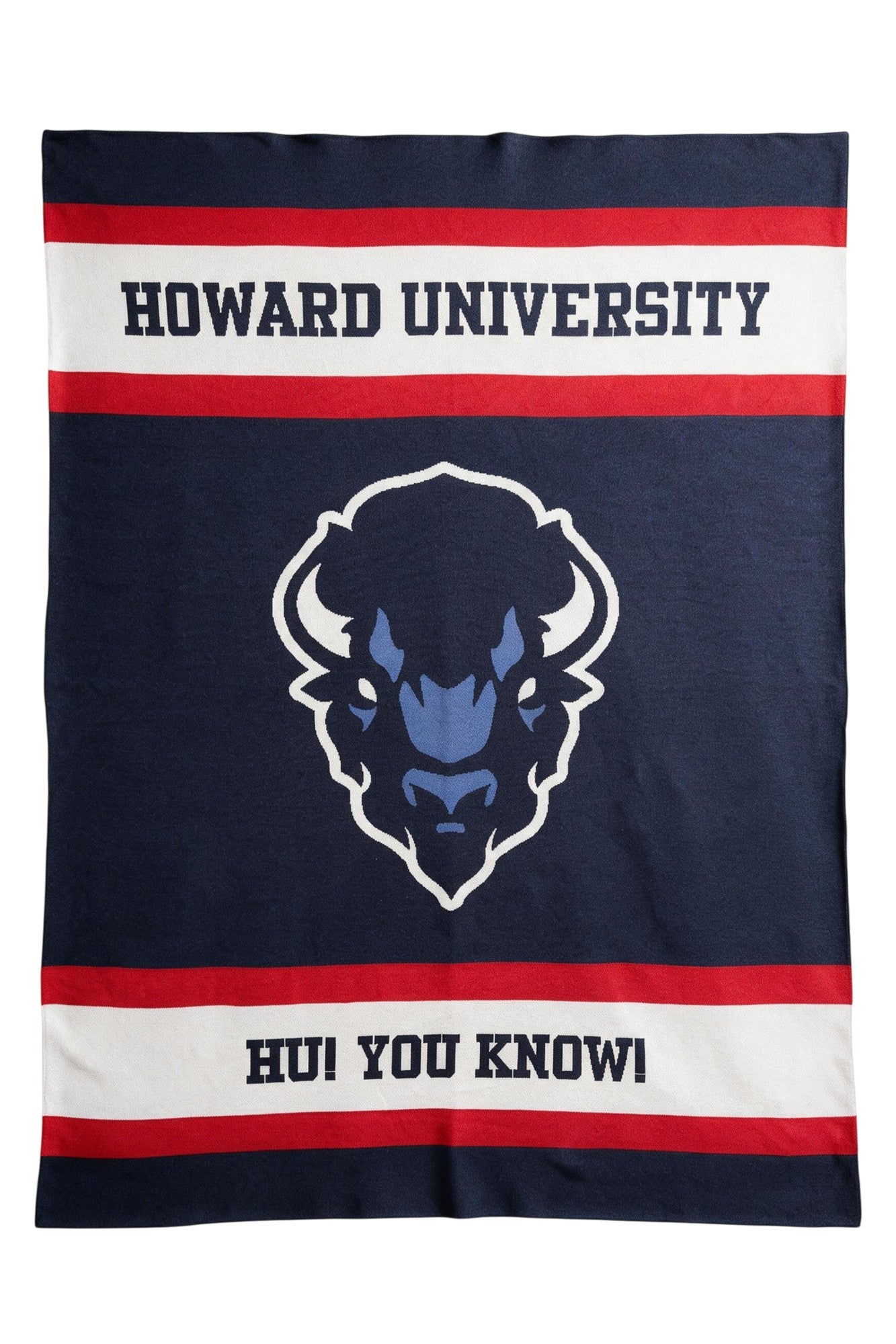 Howard University Varsity Knit Throw Blanket 50 x 70 Navy Red and White with Big Blue Bison Head by SOUNDOFF - front