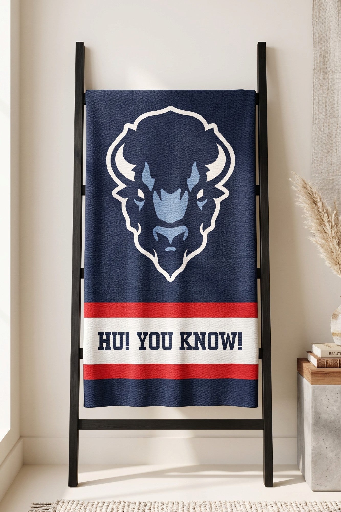 Howard University Varsity Knit Throw Blanket 50 x 70 Navy Red and White with Big Blue Bison Head by SOUNDOFF - hanging
