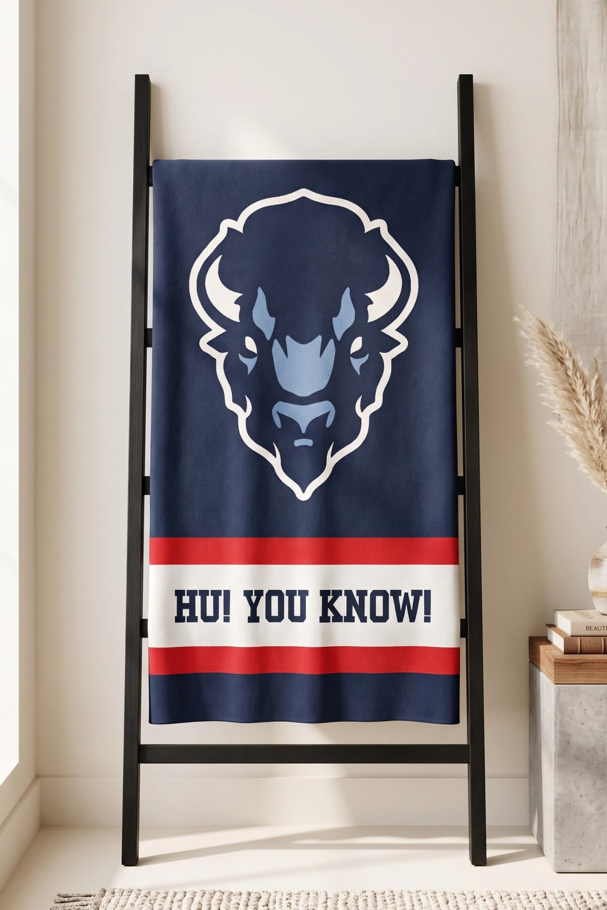 Howard University Varsity Knit Throw Blanket 50 x 70 Navy Red and White with Big Blue Bison Head by SOUNDOFF - hanging
