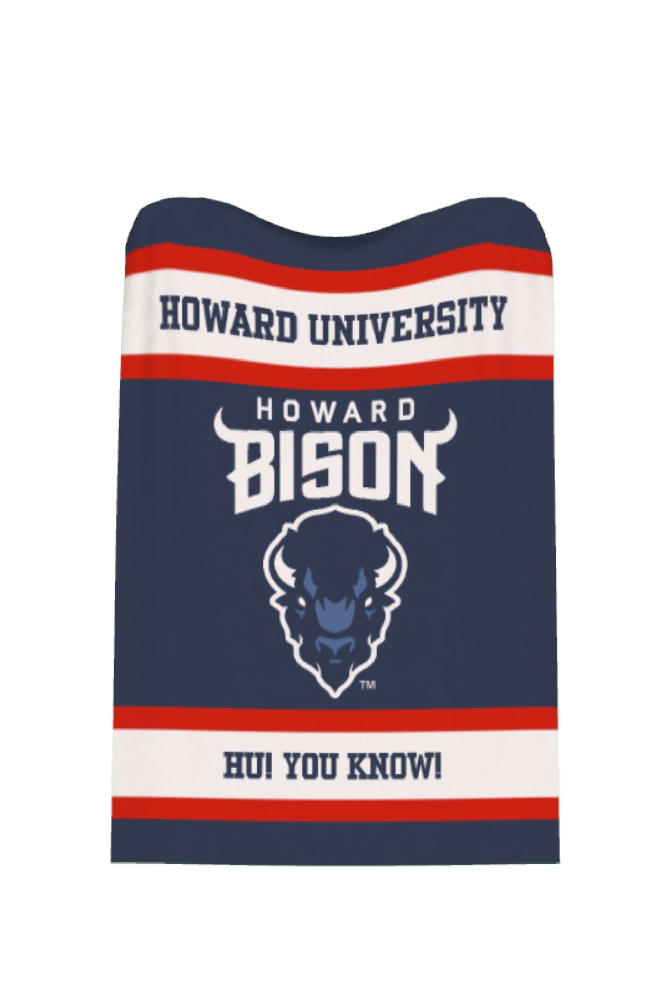 Howard University Varsity Knit Throw Blanket with Howard Bison Horns Logo and Big Blue Bison Head 50 x 70 Navy Red and White by SOUNDOFF - product flat