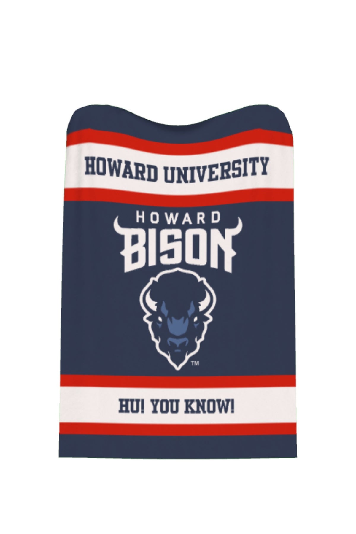 Howard University Varsity Knit Throw Blanket with Howard Bison Horns Logo and Big Blue Bison Head 50 x 70 Navy Red and White by SOUNDOFF - product flat