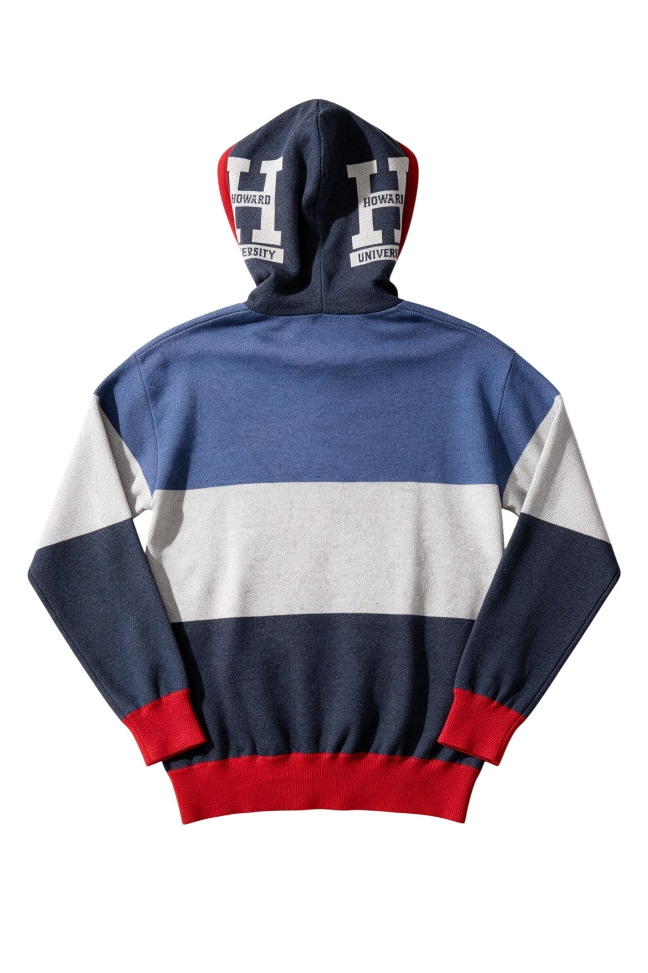 Howard University Varsity Tri Stripe hooded knit sweater with white Block Varsity H graphic featuring HOWARD and UNIVERSITY lettering on the hood by SOUNDOFF - back