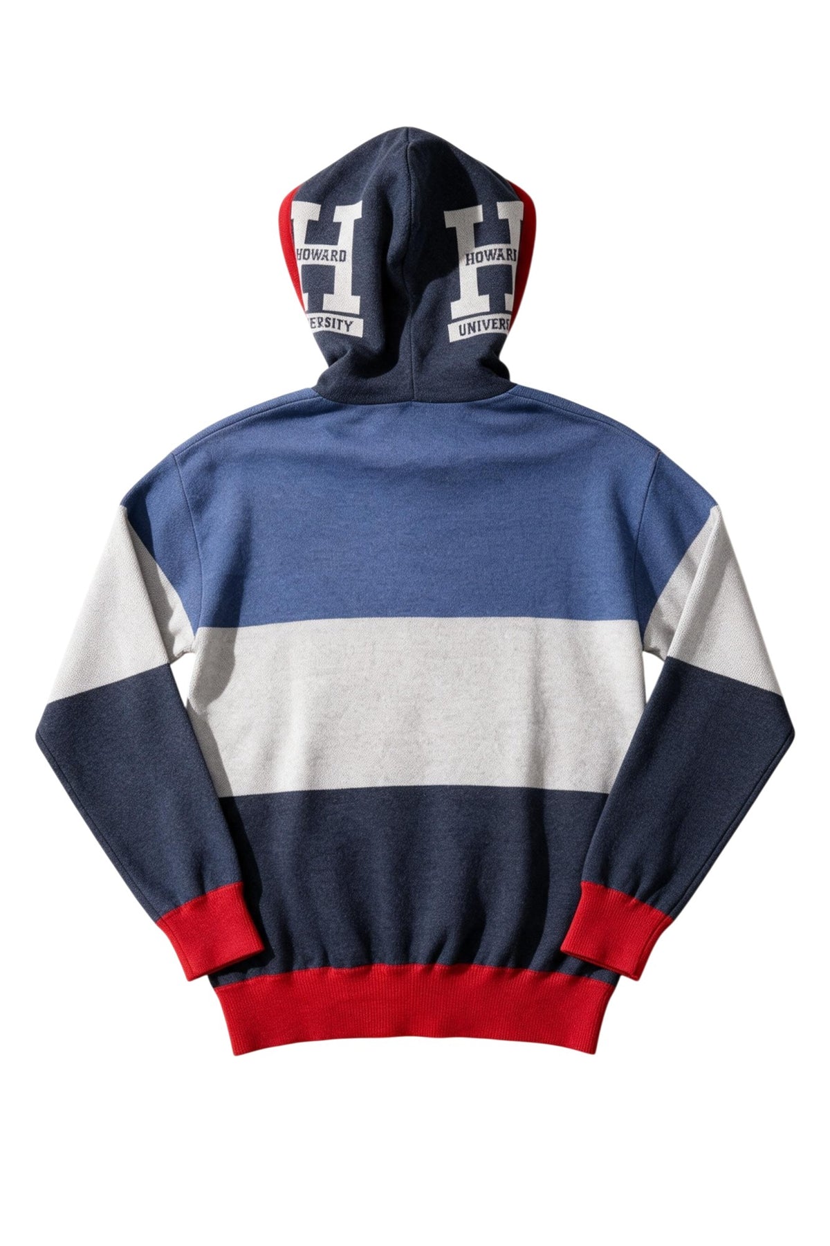 Howard University Varsity Tri Stripe hooded knit sweater with white Block Varsity H graphic featuring HOWARD and UNIVERSITY lettering on the hood by SOUNDOFF - back