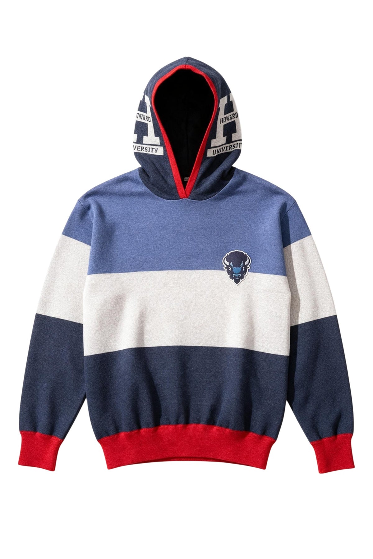 Howard University Varsity Tri Stripe hooded knit sweater with white Block Varsity H graphic featuring HOWARD and UNIVERSITY lettering on the hood by SOUNDOFF - front