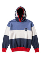 Howard University Varsity Tri Stripe hooded knit sweater with white Block Varsity H graphic featuring HOWARD and UNIVERSITY lettering on the hood by SOUNDOFF - front