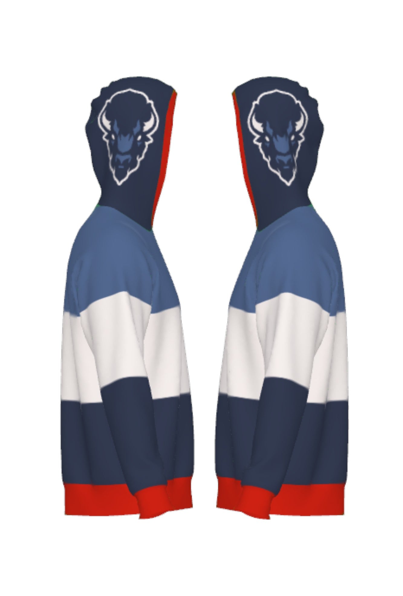 Howard University Varsity Tri Stripe hooded knit sweater with Big Blue Bison head on the hood by SOUNDOFF - side